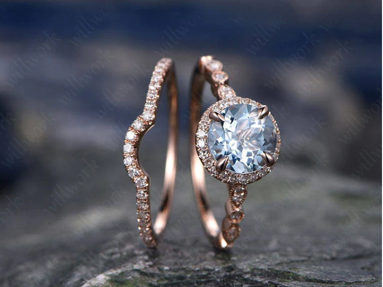 Image from Will Work Jewelry - Vintage Blue Aquamarine Engagement Ring Set