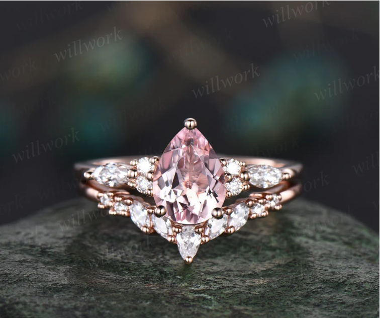 Image from: Willwork Jewelry l Vintage Pear Shaped Pink Morganite Engagement ring set