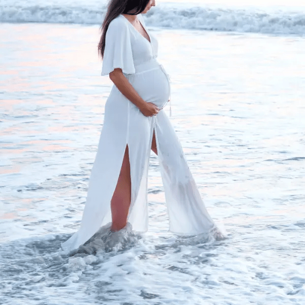 Image from: Lukalula Maternity V-Neck Button Split Maxi Photoshoot dress