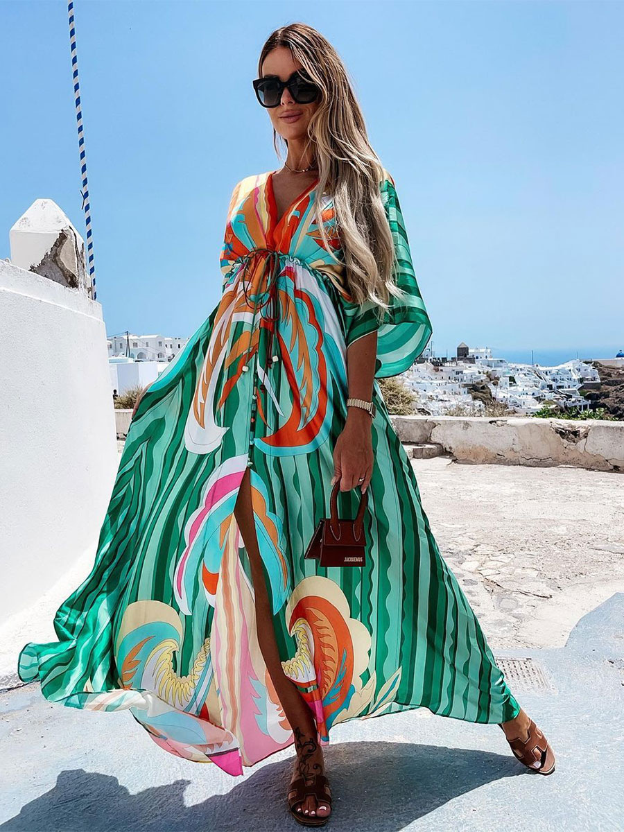 Image from: Milanoo l Long Dress V Neck Batwing Bohemian Printed Beach Cover-Up