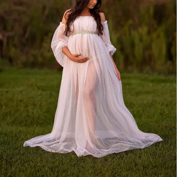 Maternity Elegant White Polka Dot Mesh Off-Shoulder Sheer Tulle Photoshoot Dress