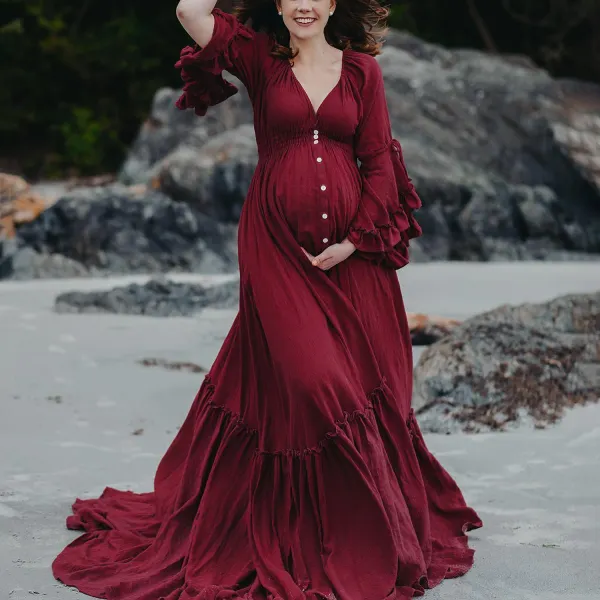 Maternity Red Ruffle V-Neck Long Dress Photoshoot Baby Shower Dress