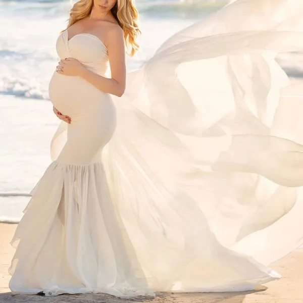  Maternity Solid Color Off-Shoulder Fishtail Photoshoot Dress