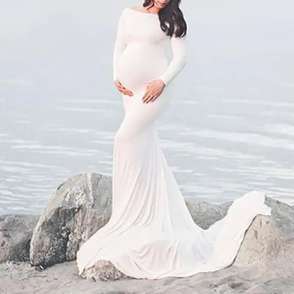 Maternity White Sexy Solid Long Sleeve Photoshoot Dress