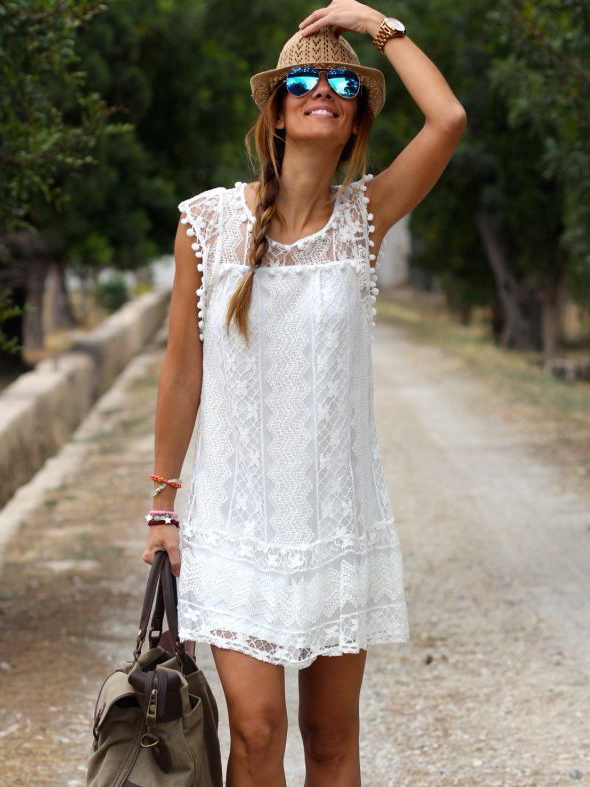 Image from: Milanoo l White Lace Sheer Sleeveless Tunic Short Summer Dress