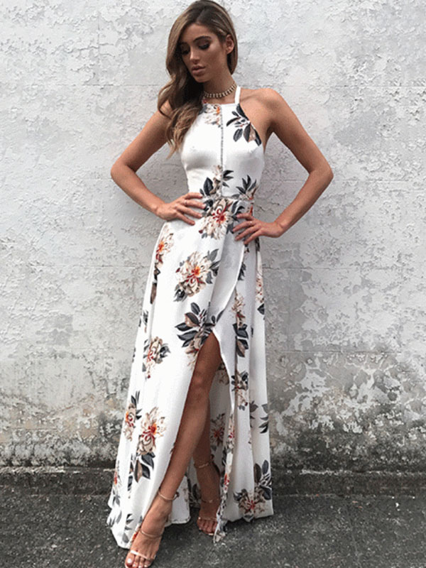 Image from: Milanoo l White Maxi Dress Halter Sleeveless Backless Floral Printed Slit Long Summer Dress 