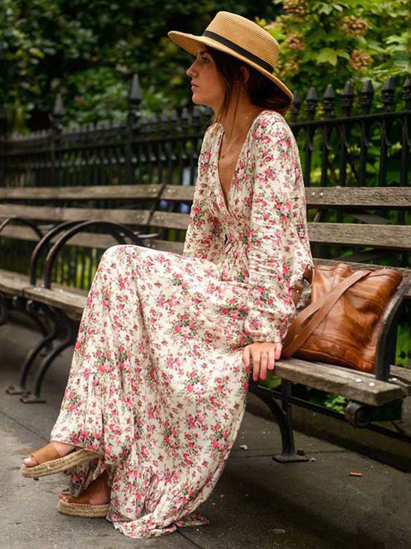 Image from: Milanoo l Pink Maxi Dress V Neck Long Sleeve Ruffle Floral Printed Slim Fit Long Wrap Dress