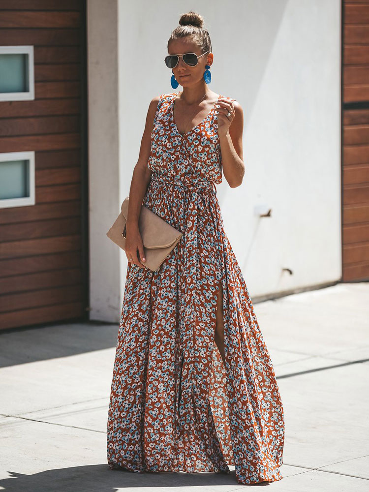 Image from: Milanoo l Floral Maxi Dress Sleeveless V Neck Split Summer Dress