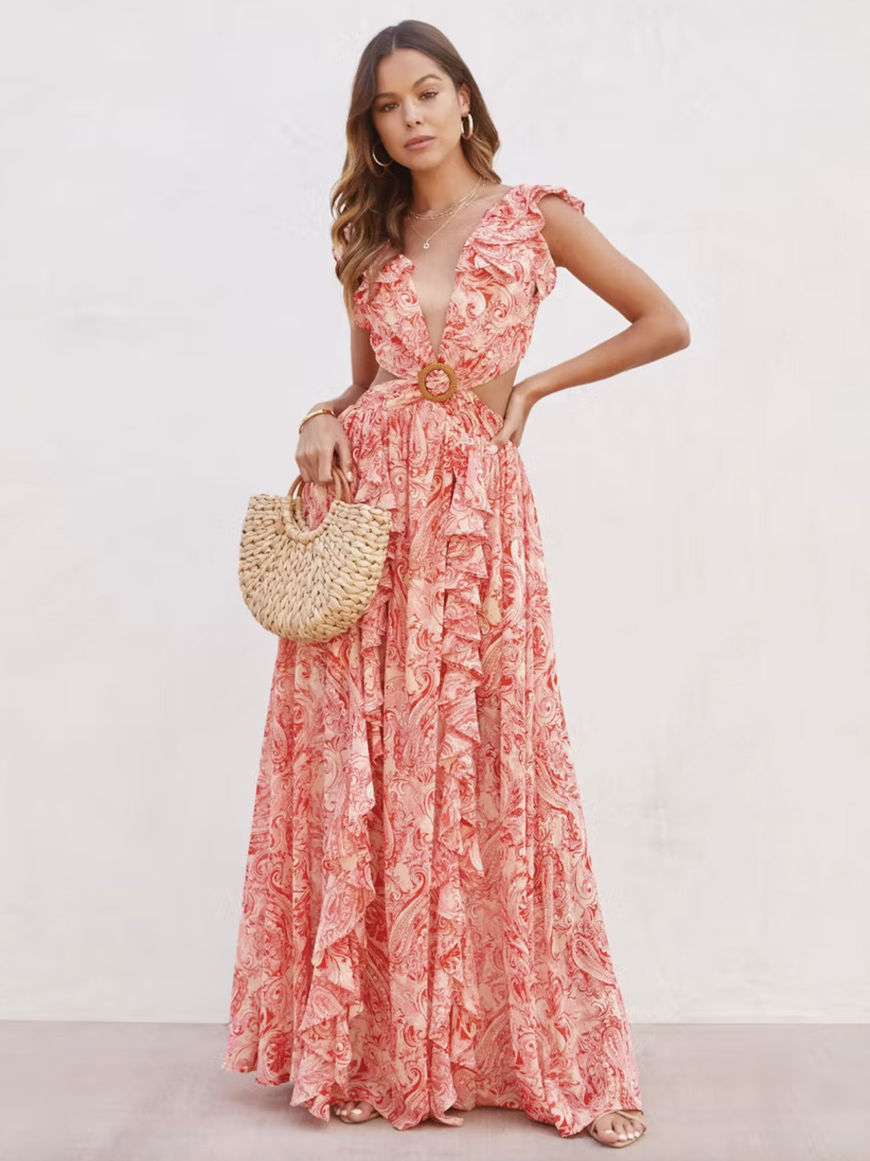 Image from: Milanoo l Floral Maxi Dress Layered Ruffles V Neck Sleeveless Backless Front Slit Sexy Summer Long Dress