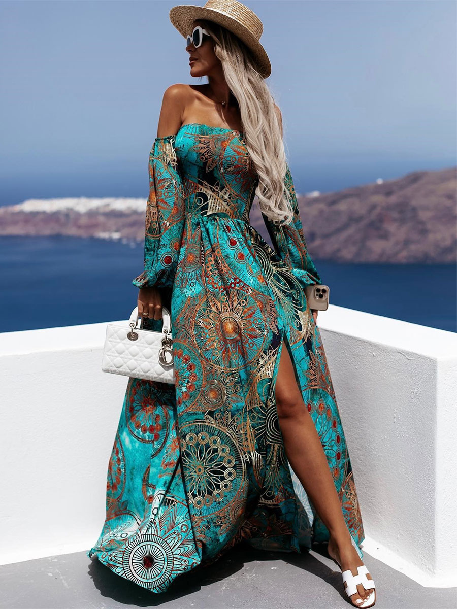 Image from: Milanoo l Summer Dress Cyan Bateau Neck Split Front Printed Beach Dress