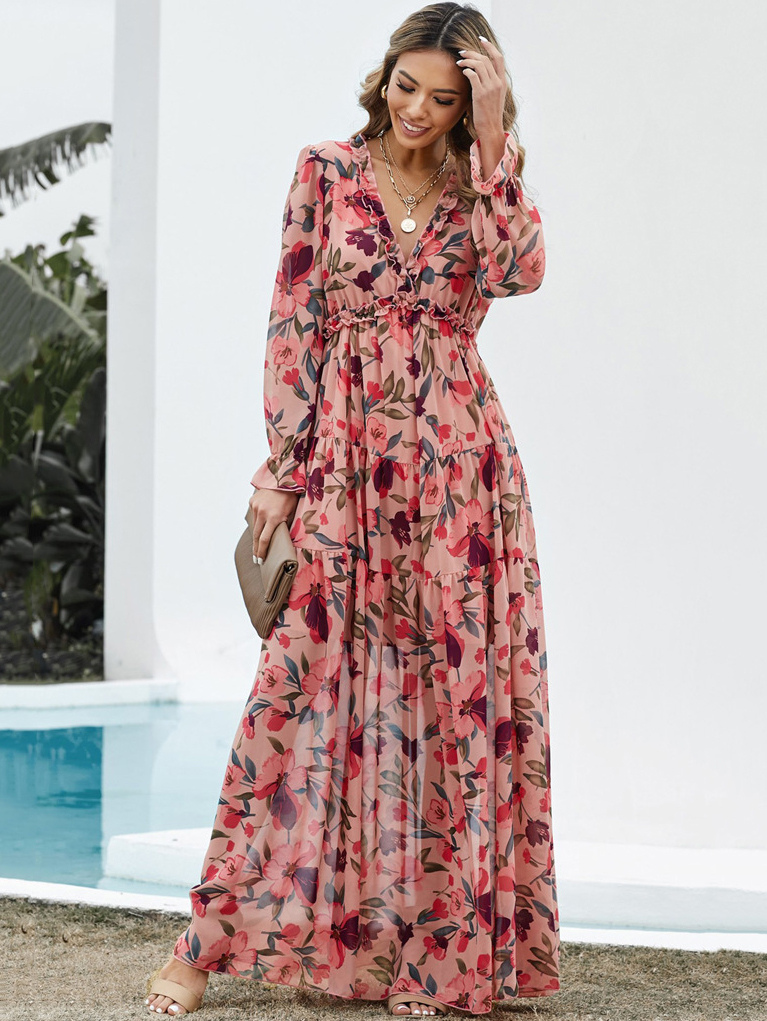 Image from: Milanoo l Maxi Dress V Neck Long Sleeves Polyster Sexy Floral Print Layered Long Dress