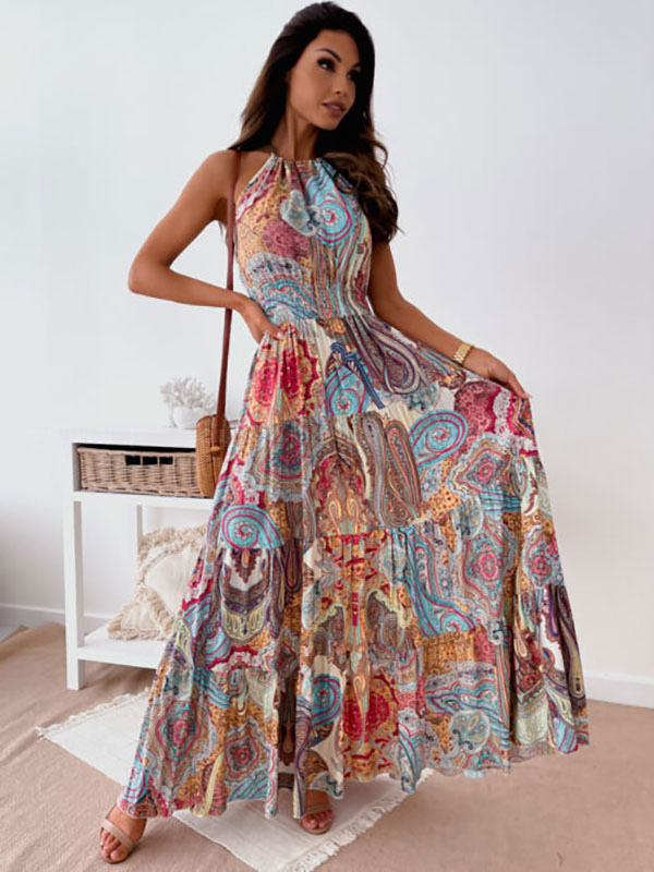 Image from: Milanoo l Maxi Dress Blue Sleeveless Floral Printed Jewel Neck Backless Floor Length Dress