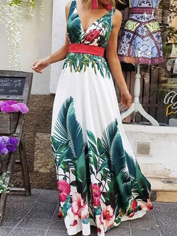 Image from: Milanoo l Maxi Dress Sleeveless White Floral Printed Pattern V N eck Lace Up Layered Floor Length Dress 