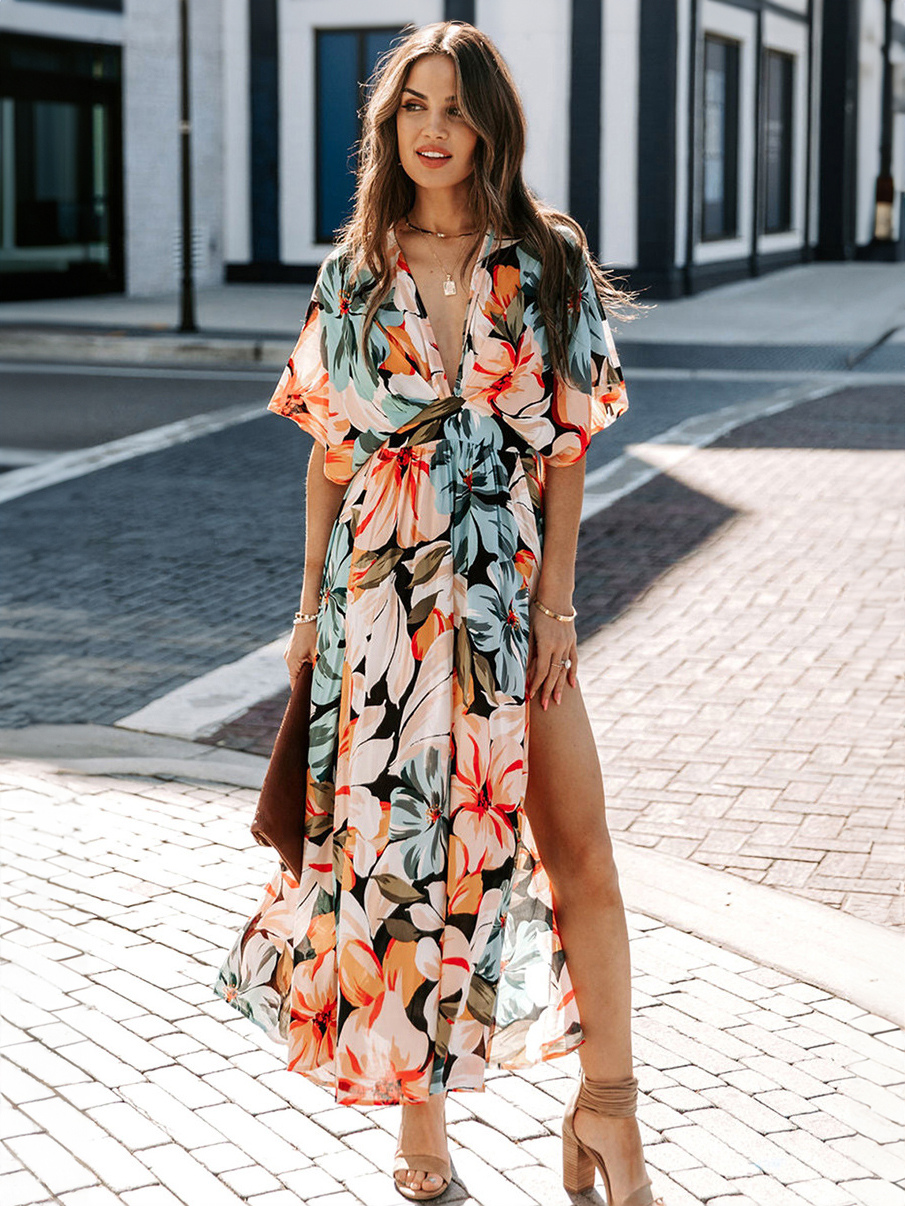 Image from: Milanoo l Summer Dress V Neck Floral Print Blue Long Beach Dress