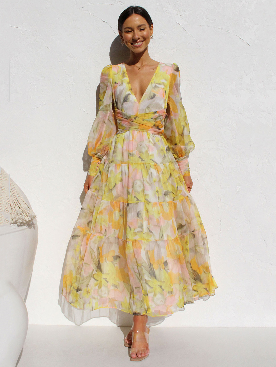 Image from: Milanoo l Maxi Dress V-Neck Long Sleeves Bohemian Floral Print Layared Pleated Long Dress