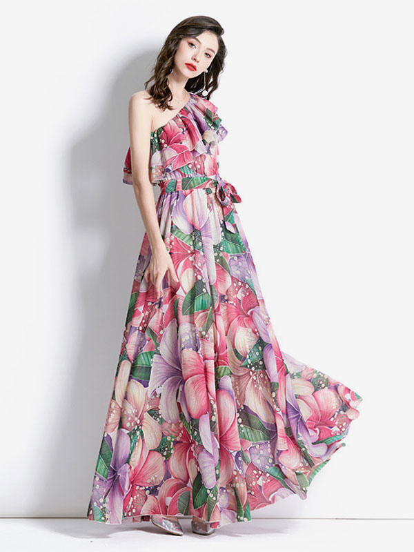 Image from: Milanoo l One-Shoulder Maxi Dress Casual Floral Print Floor Length Dress