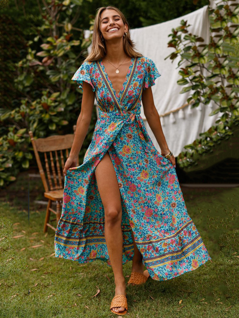 Image from: Milanoo l Bohemian Dress Light Sky Blue Split V Neck Short Sleeves Floral Print Boho Long Dress