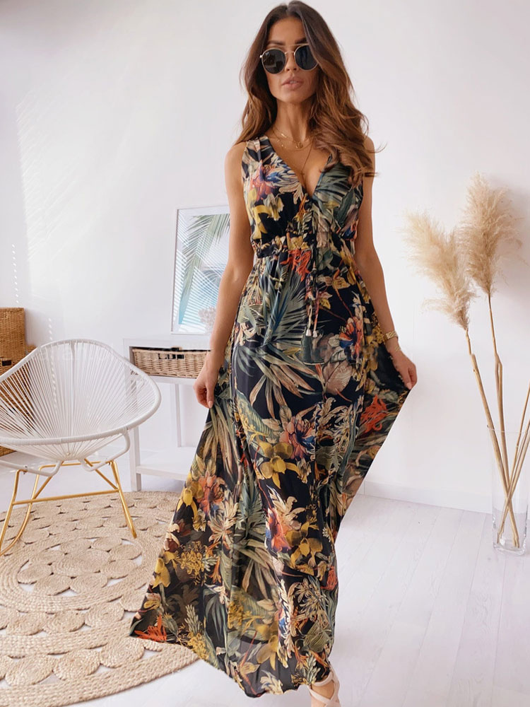 Image from: Milanoo l Maxi Dress Sleeveless White Printed V Neck Maxi Drawstring Floor Length Dress