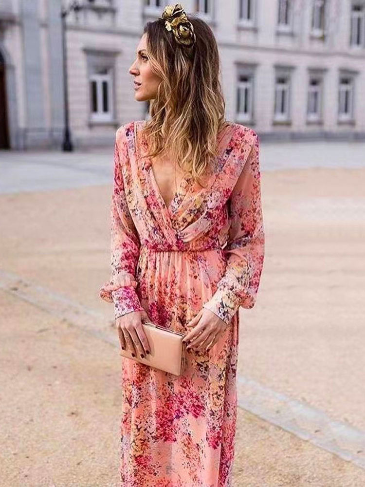 Image from: Milanoo l Maxi Dress Long Sleeves Pink Printed V Neck Long Dress