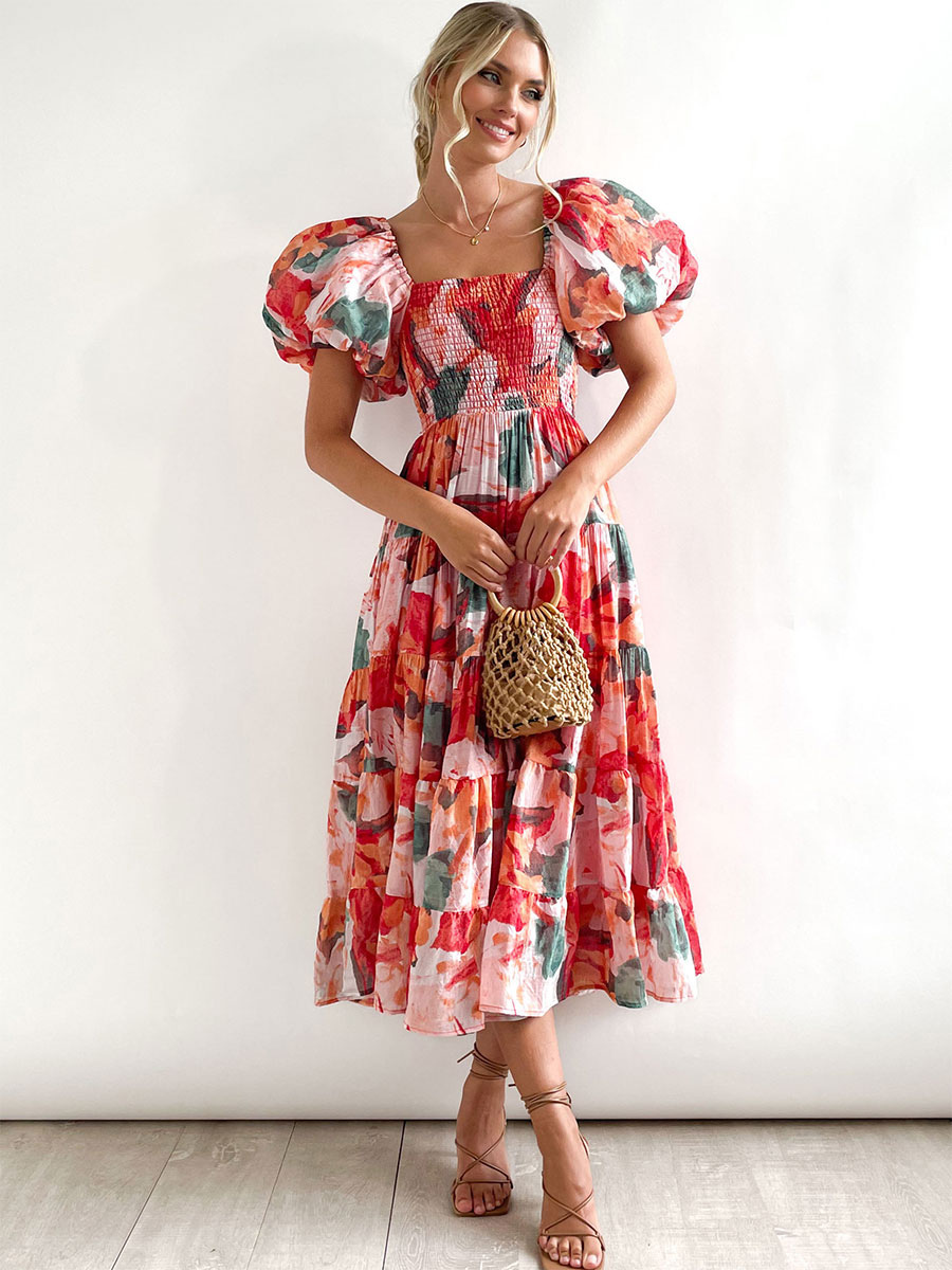 Image from: Milanoo l Floral Print Layered Pleated Square Neck Short Sleeves Backless Bohemian Summer Dress