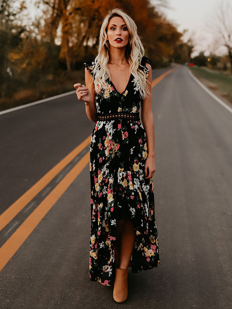 Image from: Milanoo l Floral Print Maxi Dress V Neck Backless High Low Split Long Summer Dress