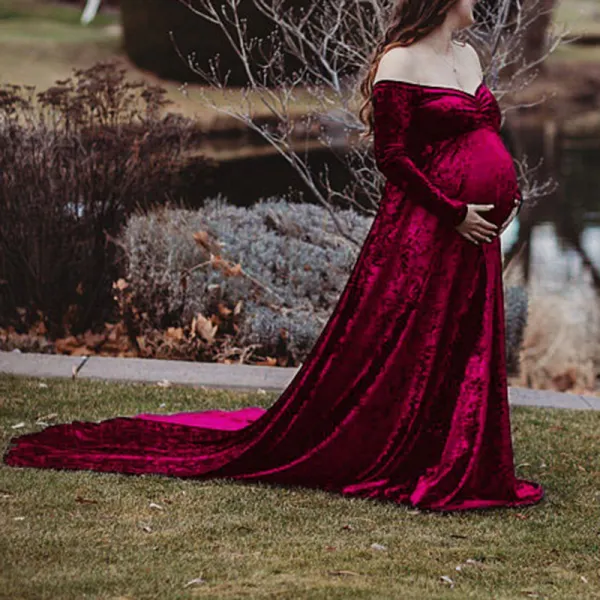 Maternity Red Wine Velvet Strapless Long Sleeve Photoshoot Dress