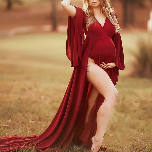 Maternity Wrap Deep V Red Long Sleeve Floor- Length Dress