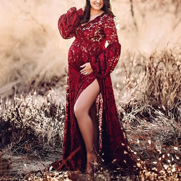  Maternity Red Lace V-Neck Long Sleeves Photoshoot Dress