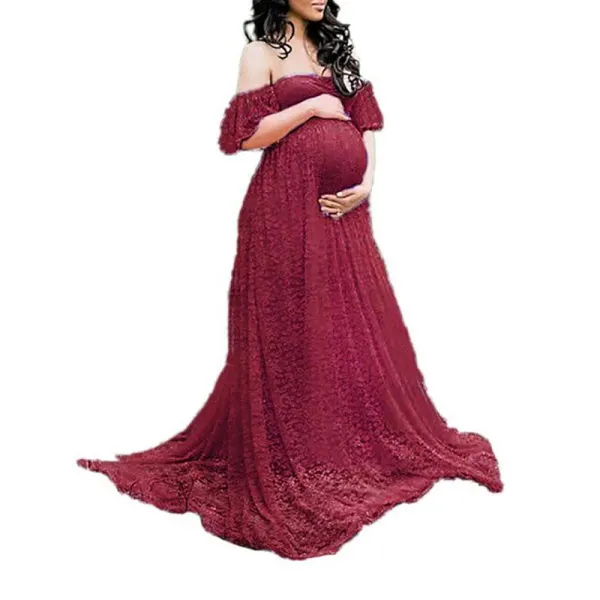  Maternity Pure Red Wine Color Lace Dress
