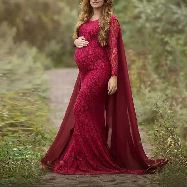 Maternity Red Wine Long Sleeve Lace Cape Photo Tutu Dress