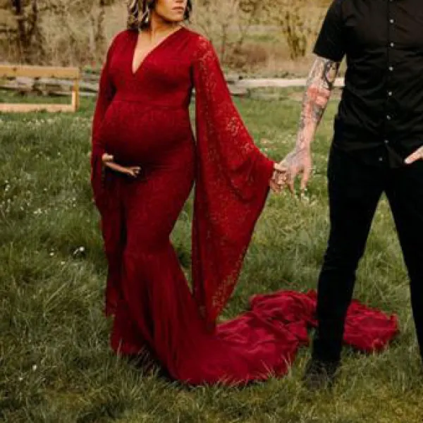 Maternity Red Wine Lace Trailing Long Sleeve Photo Tutu Dress