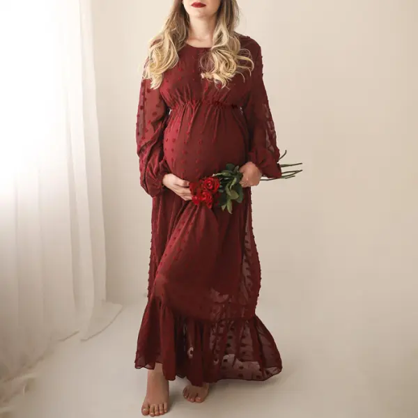 Maternity Round Neck Red Long Sleeve Photoshoot Dress