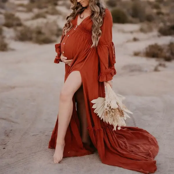 Maternity Ruffled Deep V-Neck Red Split Photoshoot Dress