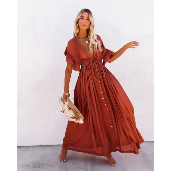 Maternity Solid Color Rust Red V-Neck Ruffled Maxi Dress 