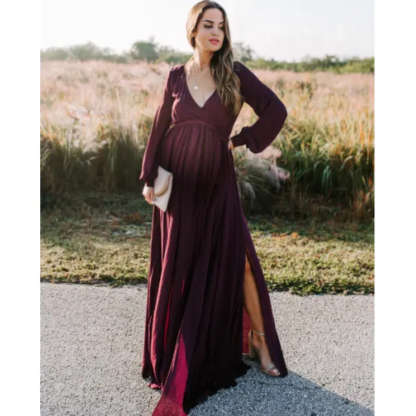 Maternity Casual V-Neck Long Sleeve Solid Color Photoshoot Dress