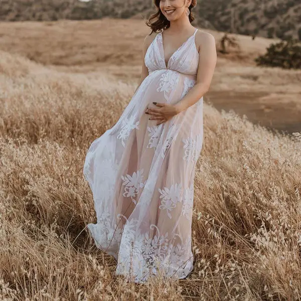 Maternity White Deep V Sling Mesh Embroidered Photoshoot Maxi Dress