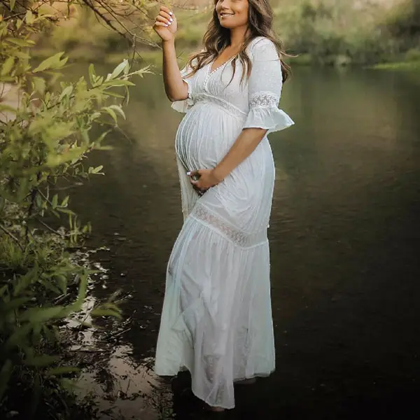 Maternity White V-Neck Lace Photoshoot Dress