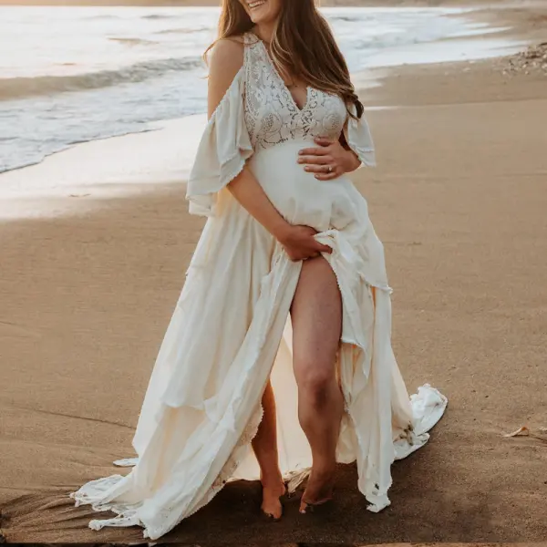 Maternity White V-Neck Off Shoulder Photoshoot Dress