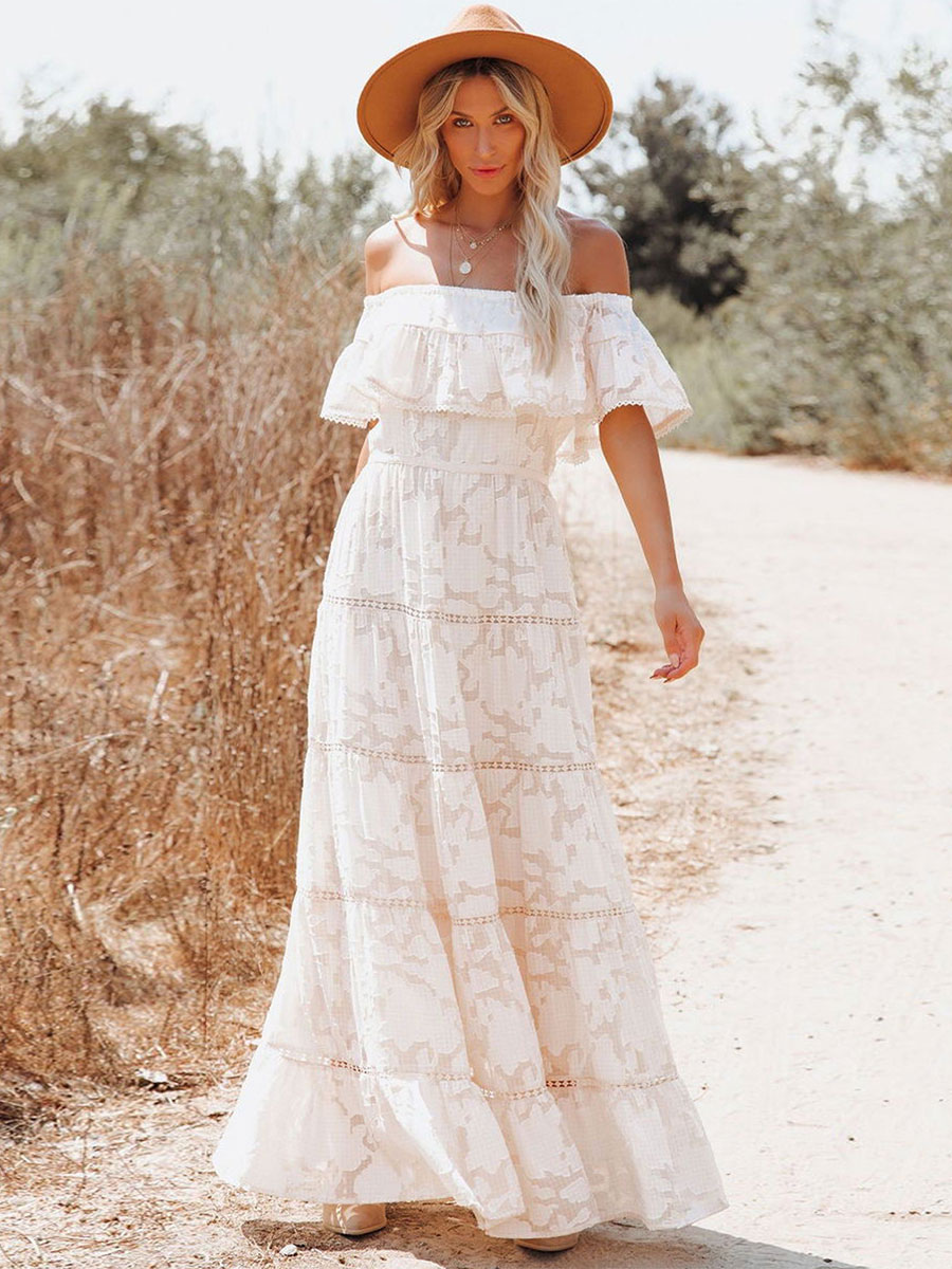 Image from: Milanoo l Boho Maxi Dress Off Shoulder White Flower A-Line Layered Hem Ling Dress