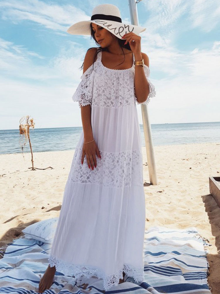 Image from: Milanoo l White Boho Dress Women Maxi Dress Lace Half Sleeve Cold Shoulder Beach