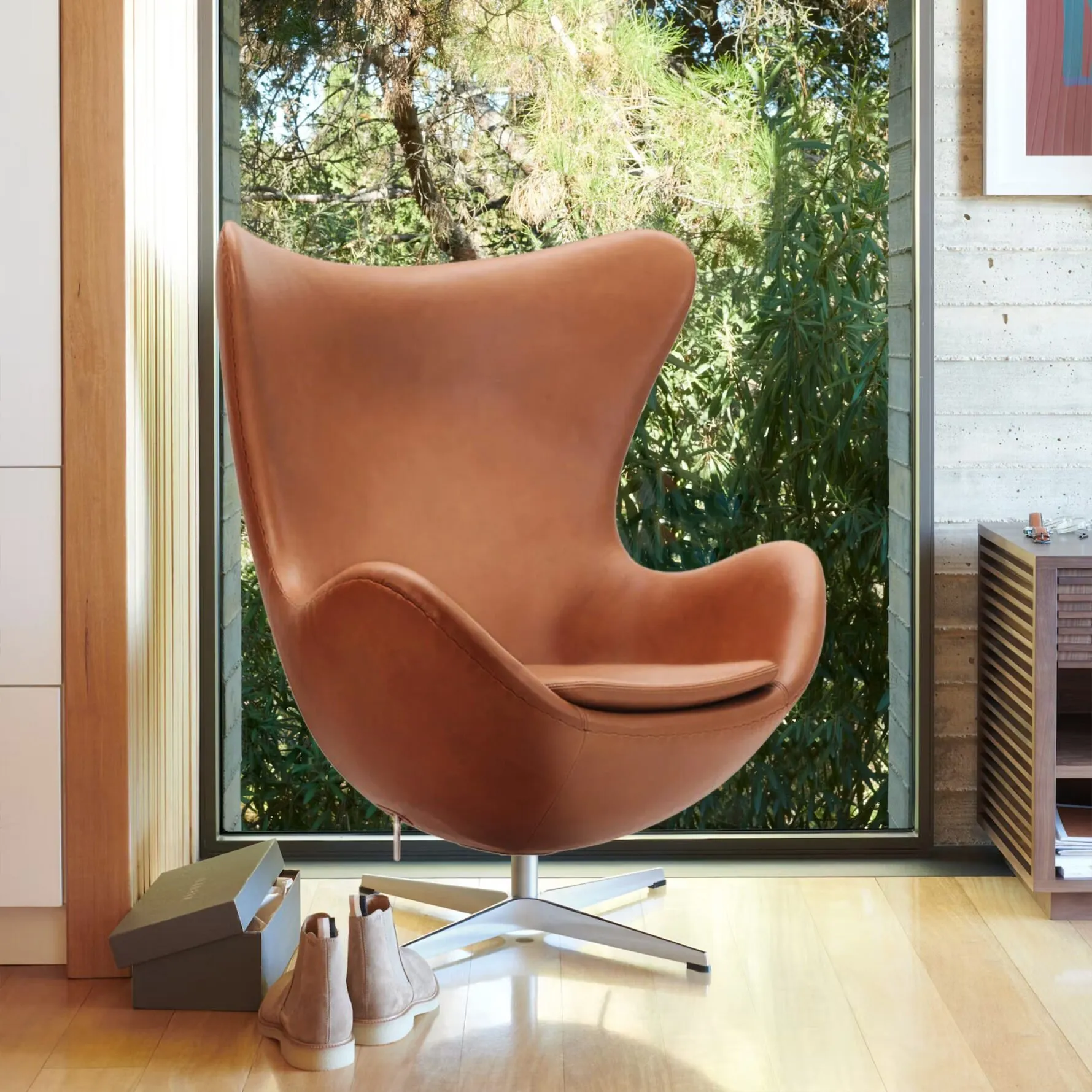 Image From Sohnne. Egg Chair Replica Brown with Stool