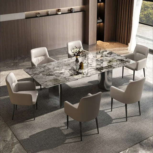 Image from 25home.com - Marble Dining Table With Stainless Steel Base Set for 6