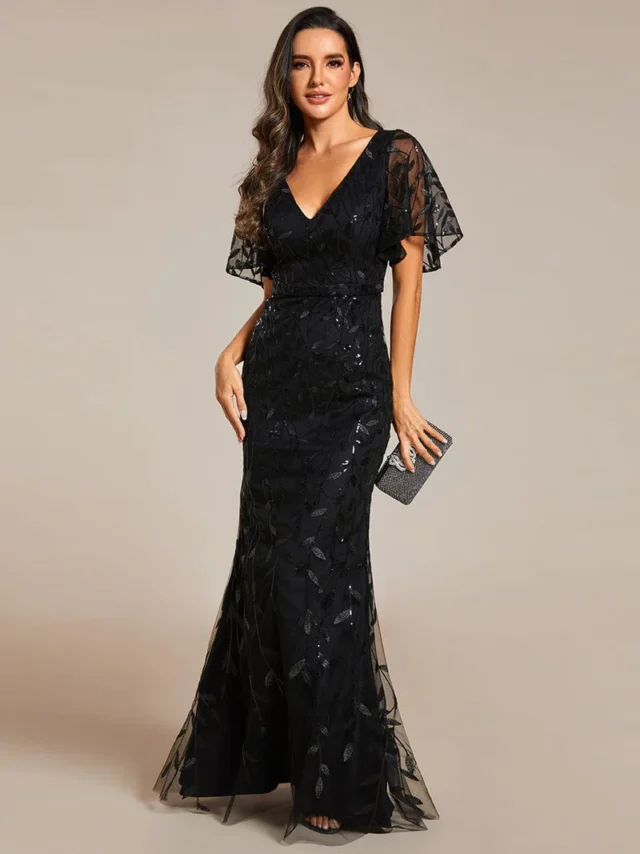 Image From: ever-pretty.com - Gorgeous V-Neck Leaf-Sequin Fishtail Dress l Formal and Prom Dress