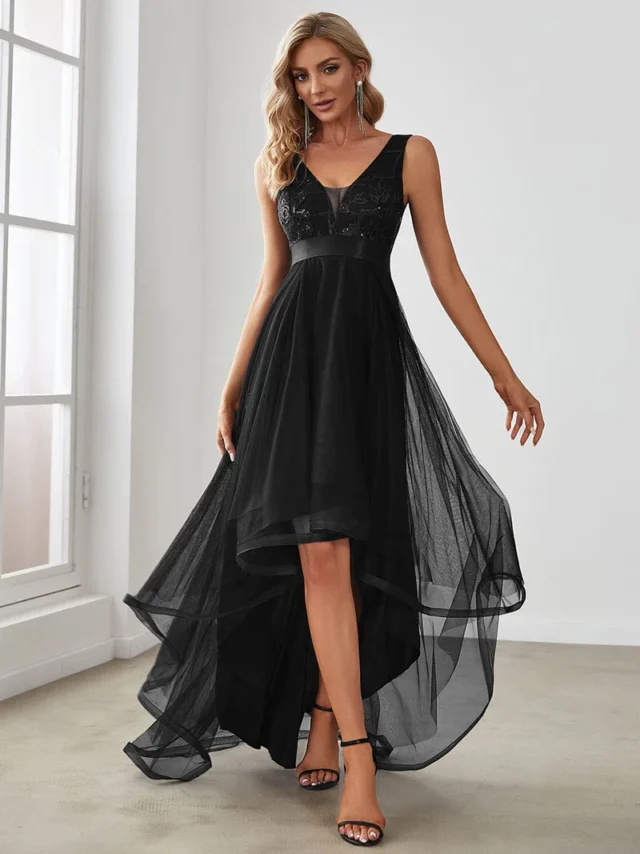 Image From: ever-pretty.com - Fashion High-Low Deep V-Neck Tulle Dress With Sequin Appliques 