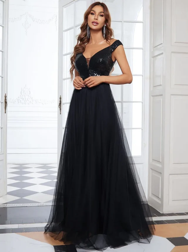 Image From: ever-pretty.com - Shiny Sequin Bodice Off The Shoulder Maxi Tulle Evening Dress l Formal and Prom Dress