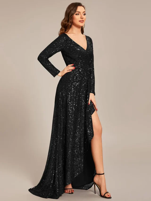 Image From: ever-pretty.com - Sequin Long Sleeve V-Neck Assymetrical Hem Dress l Formal and Prom Dress
