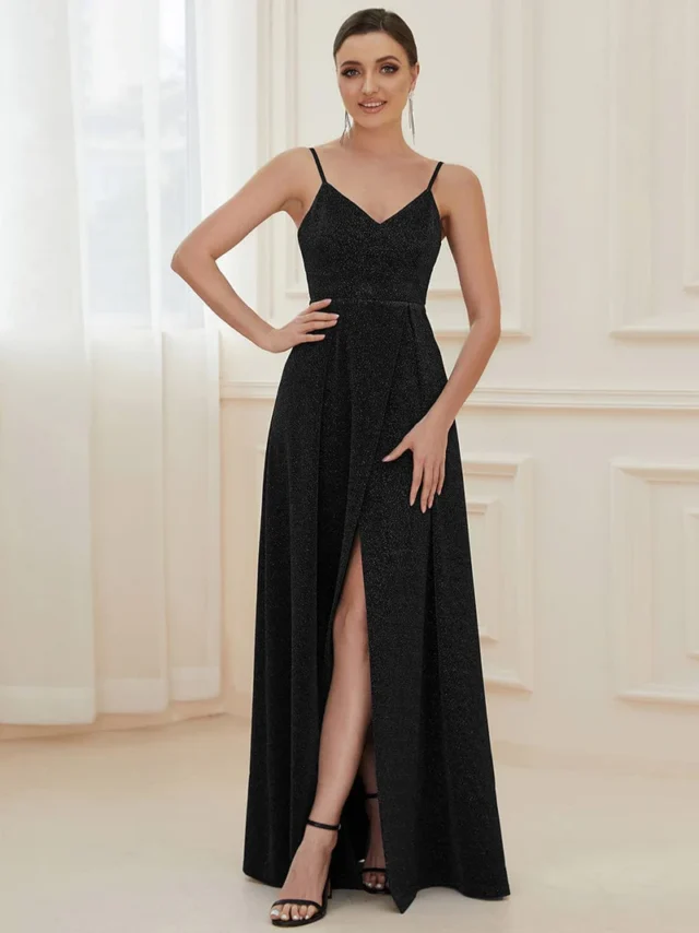 Image From: ever-pretty.com - Spaghetti Strap Front Slit Shiny Dress