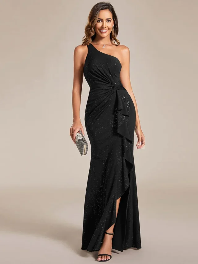 Image From: ever-pretty.com - One-Shoulder Shining Back Spaghetti Strap Pleated Lotus Leaf Bodycon Dress