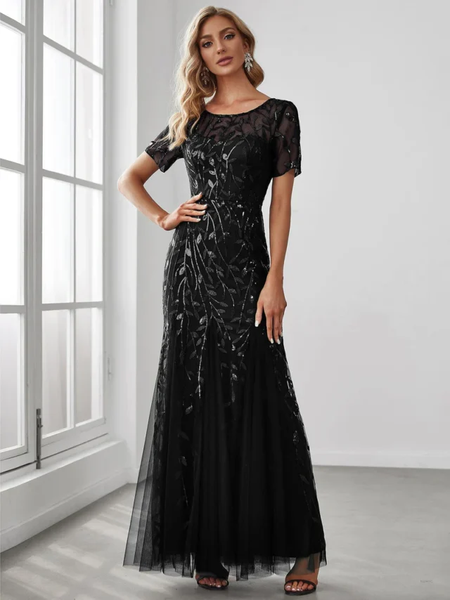 Image From: ever-pretty.com - Floral Sequin Maxi Fishtail Tulle With Short Sleeve