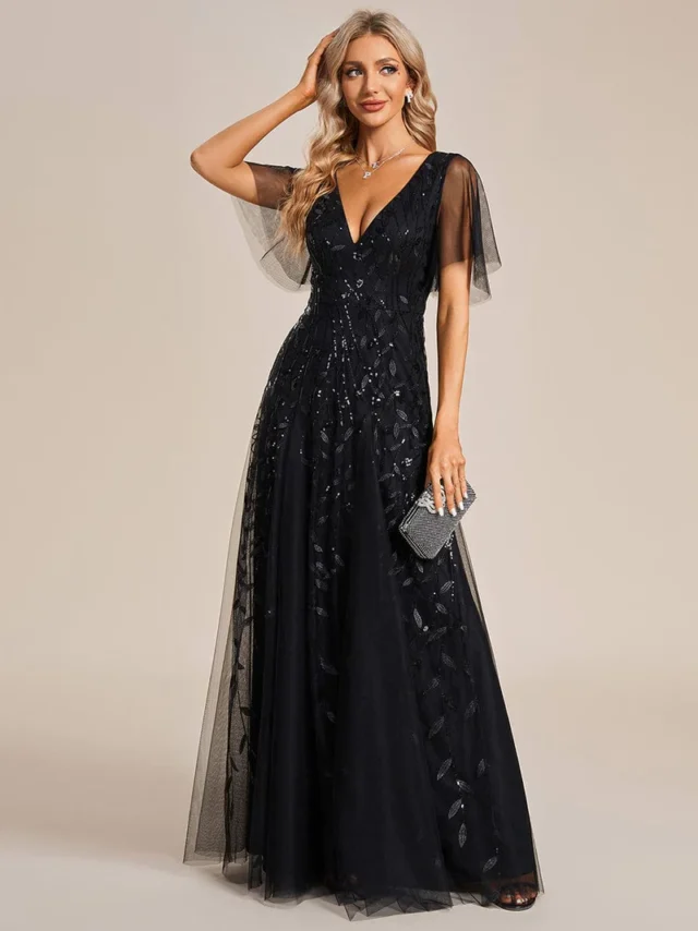 Image From: ever-pretty.com - Shimmery V-Neck Ruffle Sleeves Sequin Maxi Long Dress
